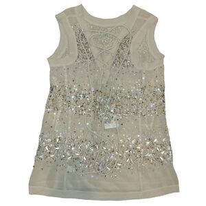 NWT Adrianna Papell Champagne Sheer Beaded Sequin Sleeveless Top Blouse S
